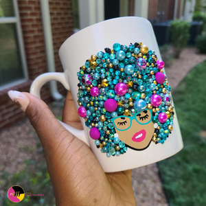'Drink Essential' 10oz Ceramic Rhinestone Bling Tea Coffee Afro Mug #7