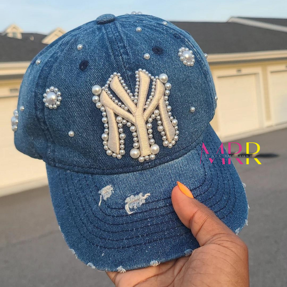 'Accessory Essential' Lacy Pearl Denim NY Baseball Cap Hat (OS) PREORDER