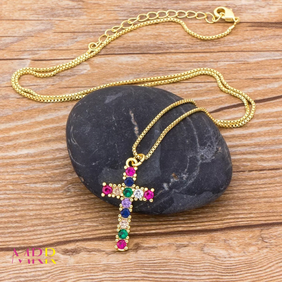 'Mini Cross' Multicolor Cubic Encrusted Rope Chain Necklace GOLD